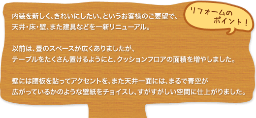 リフォームのポイント：内装を新しく、きれいにしたい、というお客様のご要望で、天井・床・壁、また建具などを一新リニューアル。以前は、畳のスペースが広くありましたが、テーブルをたくさん置けるようにと、クッションフロアの面積を増やしました。壁には腰板を貼ってアクセントを、また天井一面には、まるで青空が広がっているかのような壁紙をチョイスし、すがすがしい空間に仕上がりました。