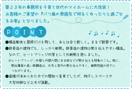 築23年の事務所を子育て世代のマイホームに大改装！お客様のご希望の『バリ風の雰囲気で明るくゆったりと過ごせるお家』となりました。●構造躯体と屋根だけを残して、あとは全て新しく。まるで新築です。●鉄骨造の建物でも、しっかり断熱。鉄骨造の建物は熱を伝えやすい構造。　なので、ヒートブリッジ対策として外断熱を施しました。　※ヒートブリッジ：外壁と内壁の間にある柱などが熱を伝える現象のこと。特に、熱伝導率の高い鉄鋼造は、外気と室内の熱を伝えやすく、断熱性能の低下につながります。●面積が決められた中での間取り変更でしたが、物干しスペースや大型収納など工夫が満載。