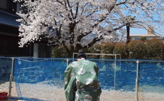 桜舞う、T様邸の地鎮祭。